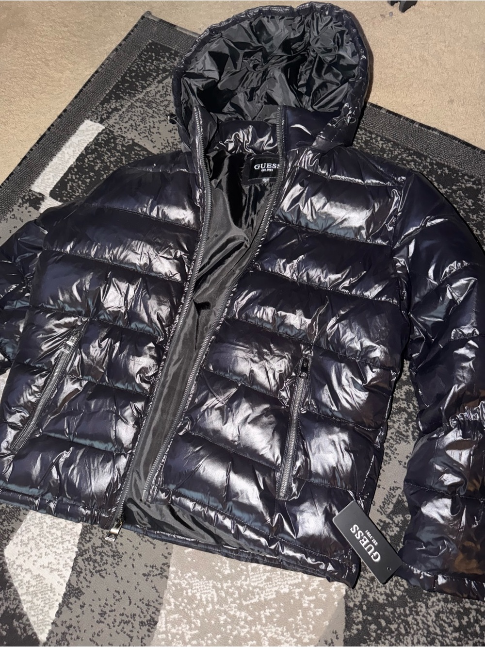 Guess Men’s Shiny Black Puffer Jacket with Hood and Zip